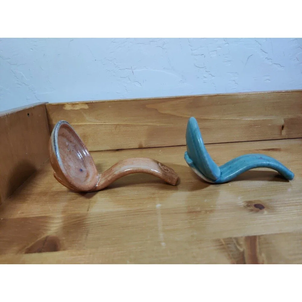 Lot Of 2 Hopi Pottery Ladle Spoon Set Beautifully Shaped Polished Peach Blue